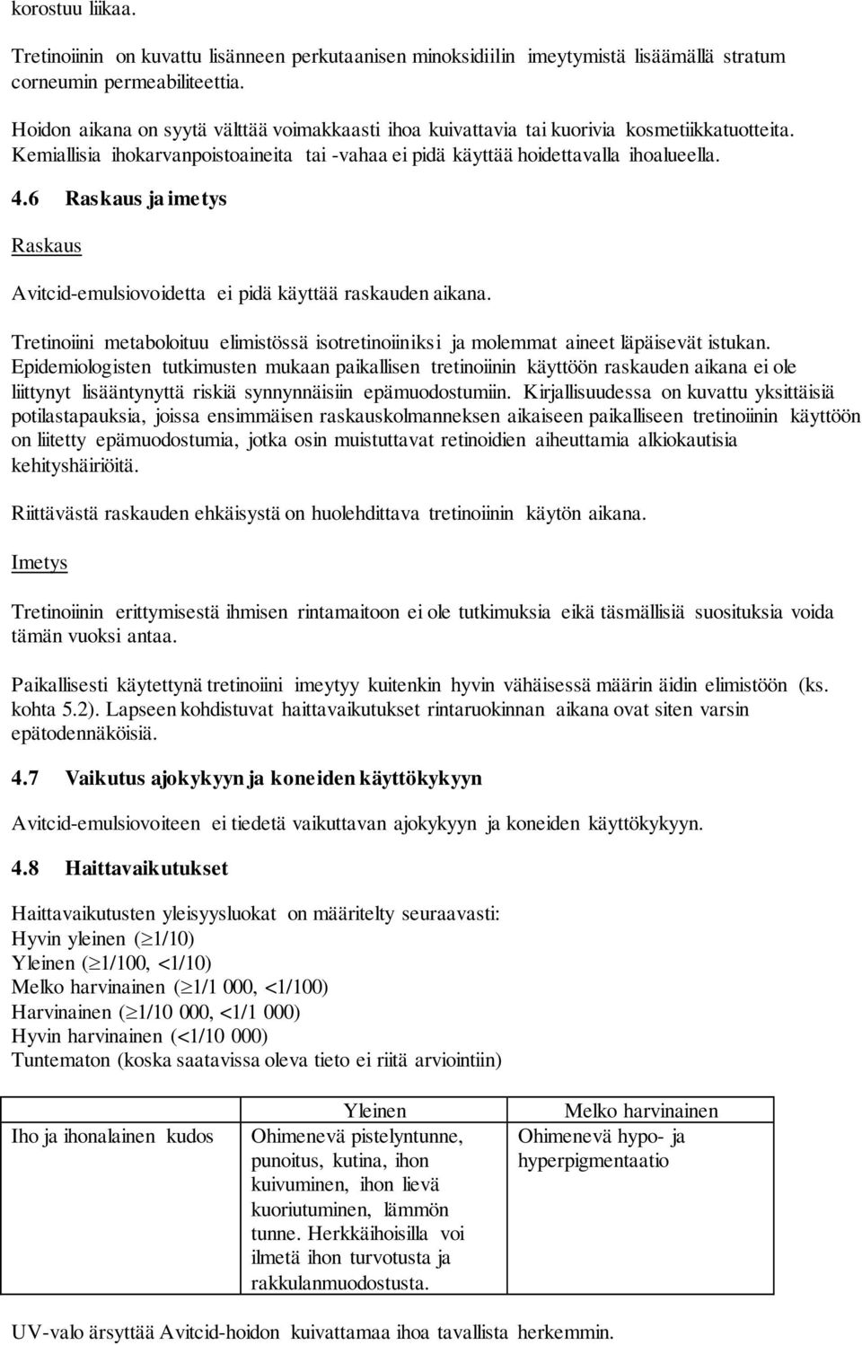 6 Raskaus ja imetys Raskaus Avitcid-emulsiovoidetta ei pidä käyttää raskauden aikana. Tretinoiini metaboloituu elimistössä isotretinoiiniksi ja molemmat aineet läpäisevät istukan.