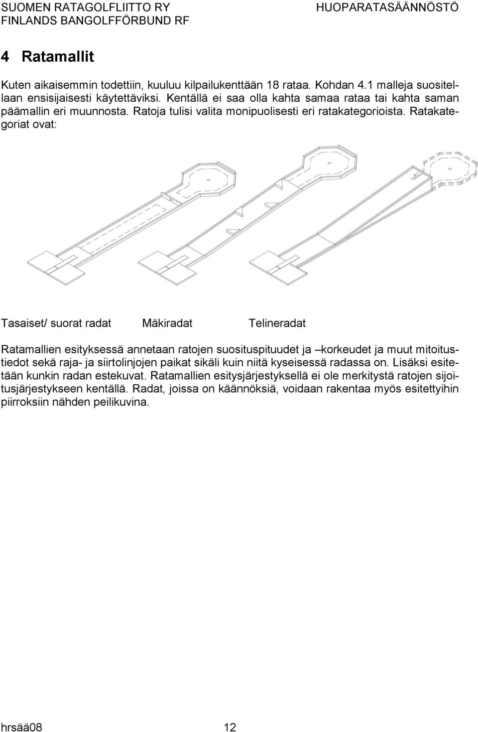 Ratakategoriat ovat: Tasaiset/ suorat radat Mäkiradat Telineradat Ratamallien esityksessä annetaan ratojen suosituspituudet ja korkeudet ja muut mitoitustiedot sekä raja- ja siirtolinjojen