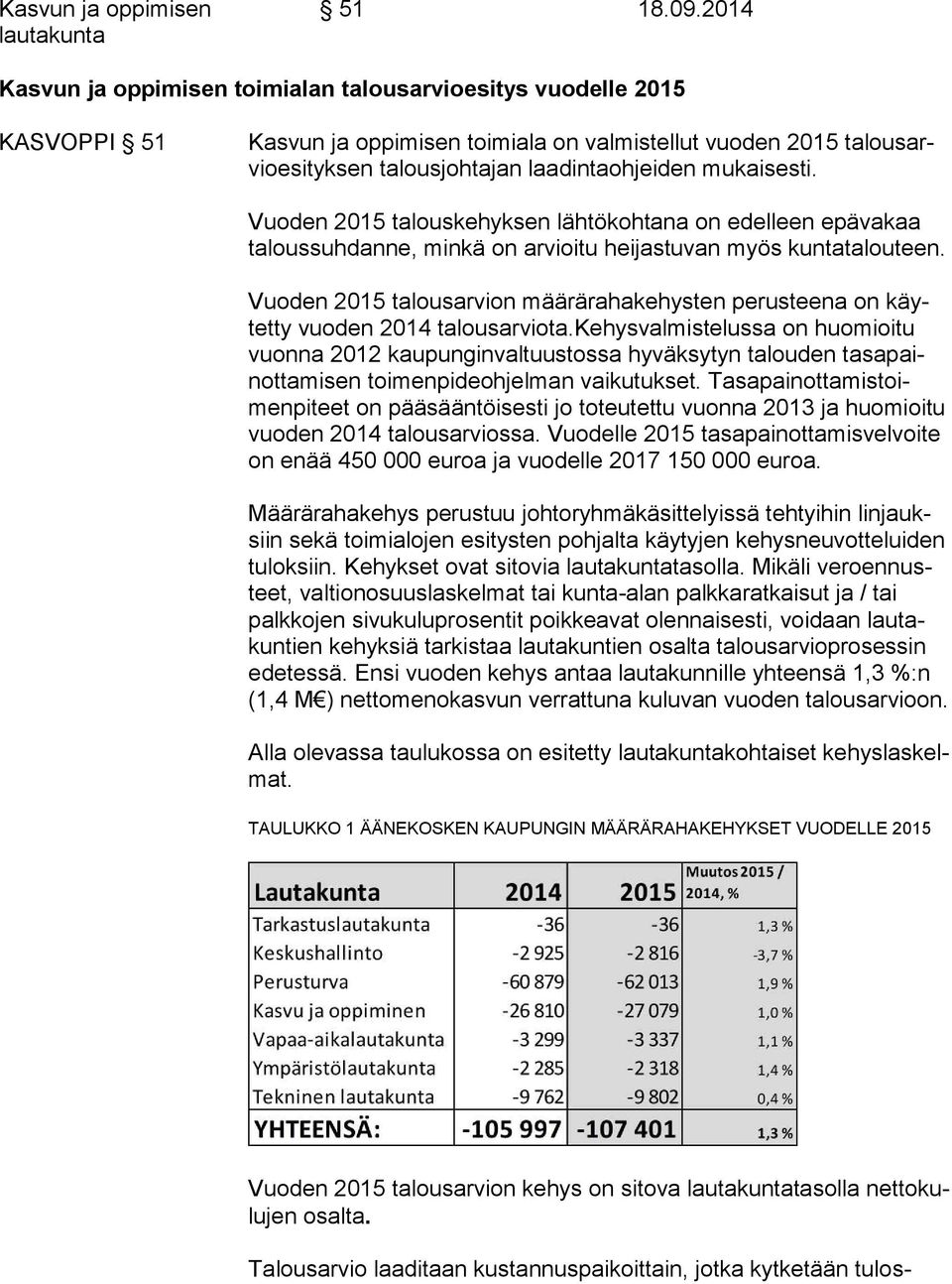 mukaisesti. Vuoden 2015 talouskehyksen lähtökohtana on edelleen epävakaa ta lous suh dan ne, minkä on arvioitu heijastuvan myös kuntatalouteen.