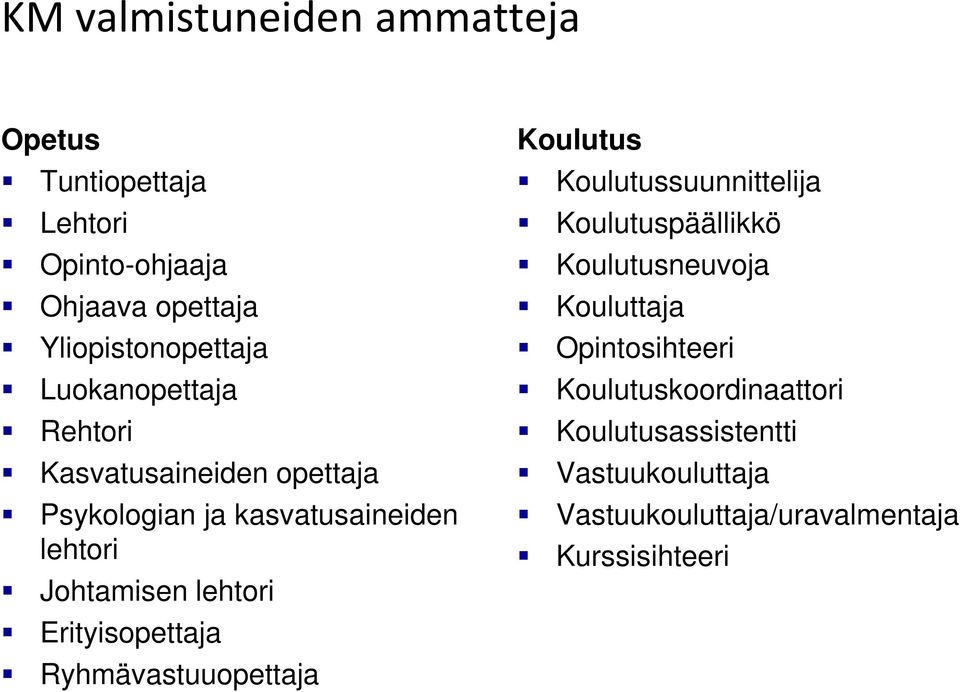 Erityisopettaja Ryhmävastuuopettaja Koulutus Koulutussuunnittelija Koulutuspäällikkö Koulutusneuvoja Kouluttaja