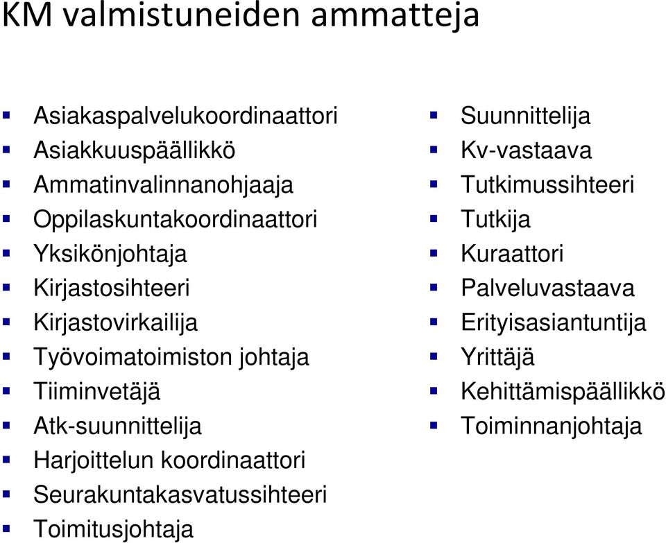 Tiiminvetäjä Atk-suunnittelija Harjoittelun koordinaattori Seurakuntakasvatussihteeri Toimitusjohtaja