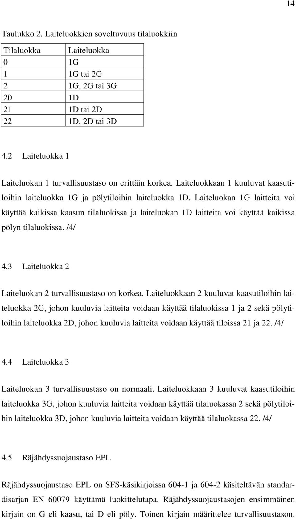 Laiteluokan 1G laitteita voi käyttää kaikissa kaasun tilaluokissa ja laiteluokan 1D laitteita voi käyttää kaikissa pölyn tilaluokissa. /4/ 4.3 Laiteluokka 2 Laiteluokan 2 turvallisuustaso on korkea.