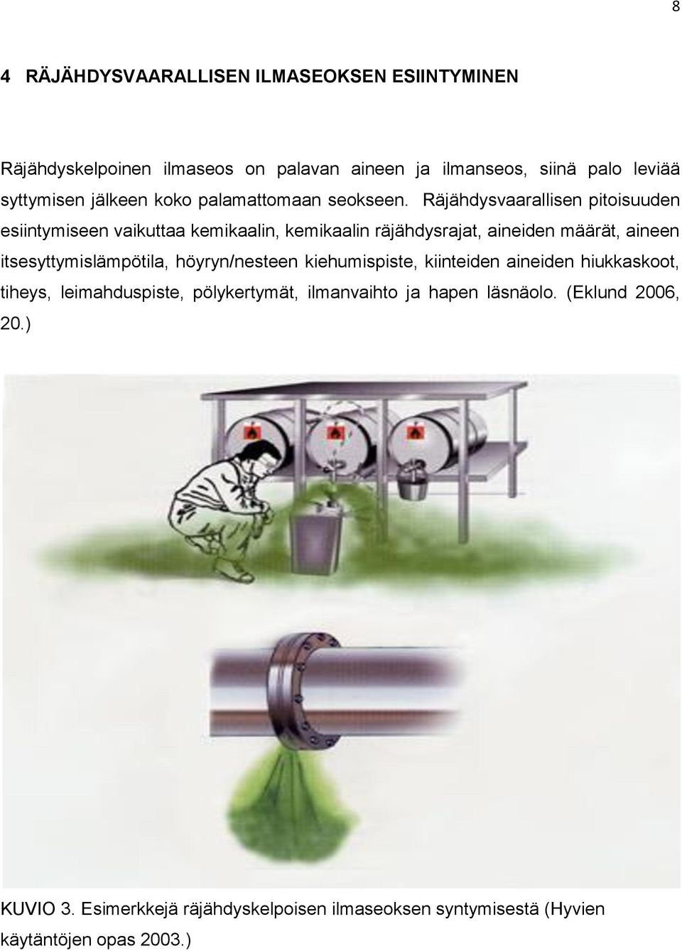 Räjähdysvaarallisen pitoisuuden esiintymiseen vaikuttaa kemikaalin, kemikaalin räjähdysrajat, aineiden määrät, aineen itsesyttymislämpötila,