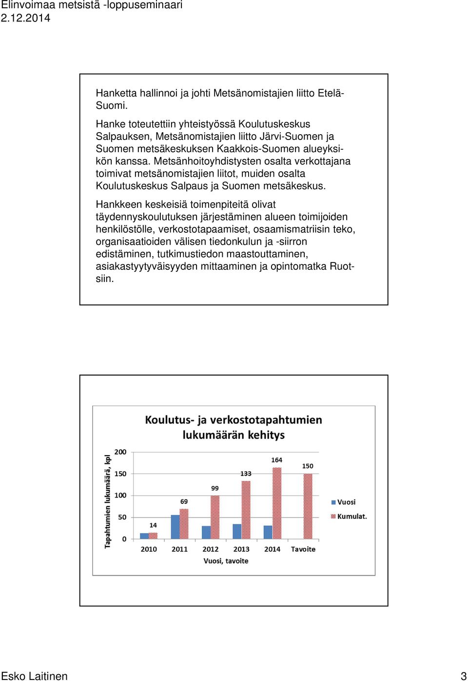 Metsänhoitoyhdistysten osalta verkottajana toimivat metsänomistajien liitot, muiden osalta Koulutuskeskus Salpaus ja Suomen metsäkeskus.