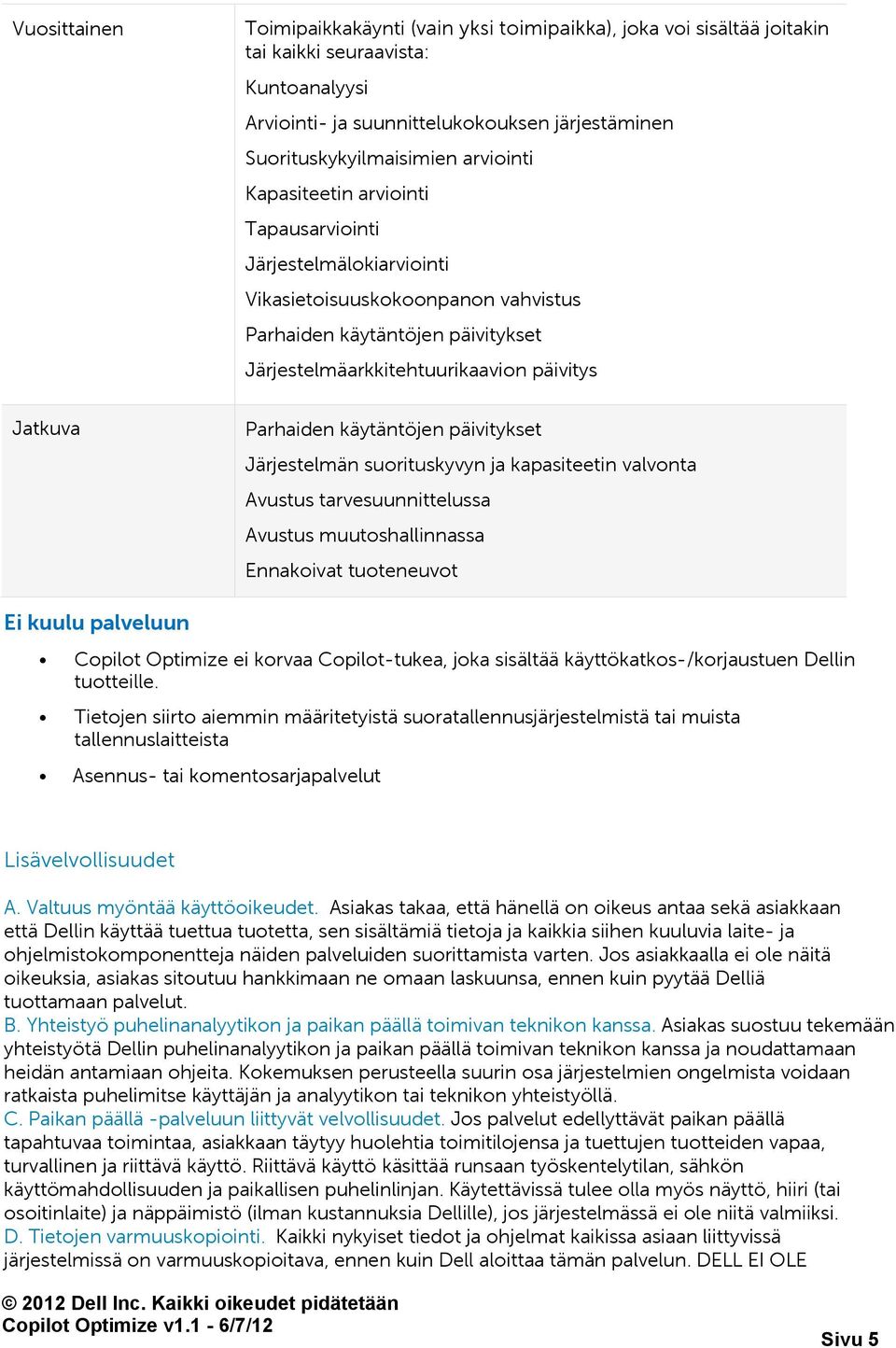 Parhaiden käytäntöjen päivitykset Järjestelmän suorituskyvyn ja kapasiteetin valvonta Avustus tarvesuunnittelussa Avustus muutoshallinnassa Ennakoivat tuoteneuvot Ei kuulu palveluun Copilot Optimize