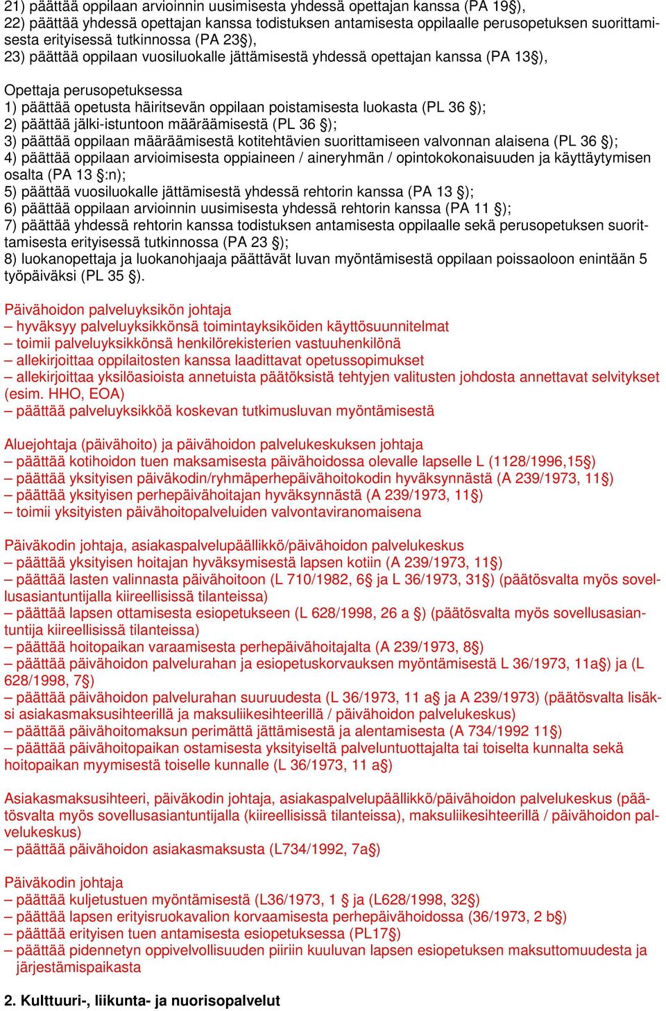 36 ); 2) päättää jälki-istuntoon määräämisestä (PL 36 ); 3) päättää oppilaan määräämisestä kotitehtävien suorittamiseen valvonnan alaisena (PL 36 ); 4) päättää oppilaan arvioimisesta oppiaineen /