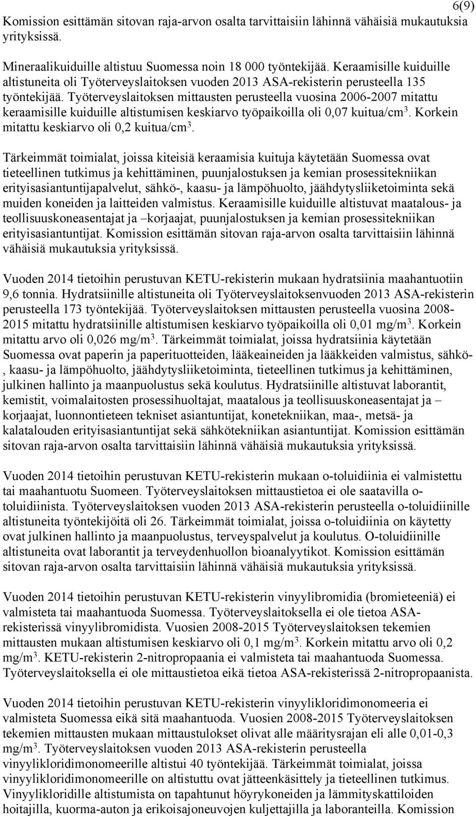 Työterveyslaitoksen mittausten perusteella vuosina 2006-2007 mitattu keraamisille kuiduille altistumisen keskiarvo työpaikoilla oli 0,07 kuitua/cm 3. Korkein mitattu keskiarvo oli 0,2 kuitua/cm 3.