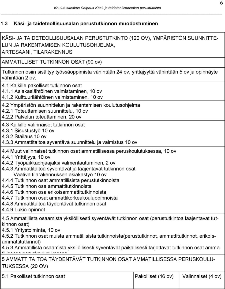 1.2 Kulttuurilähtöinen valmistaminen, 10 ov 4.2 Ympäristön suunnittelun ja rakentamisen koulutusohjelma 4.2.1 Toteuttamisen suunnittelu, 10 ov 4.2.2 Palvelun toteuttaminen, 20 ov 4.