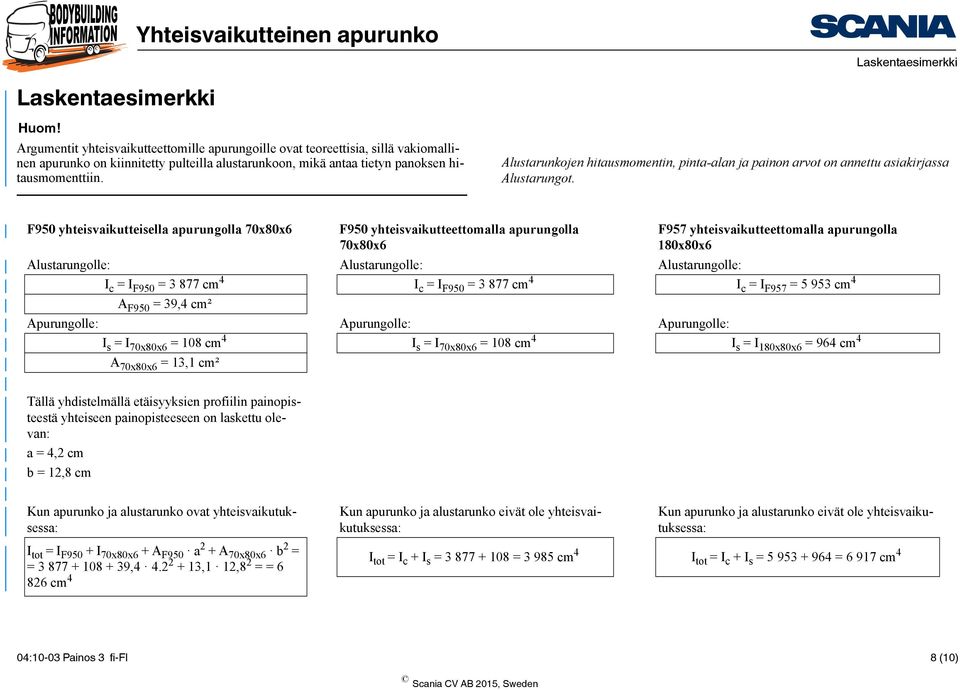 Alustarunkojen hitausmomentin, pinta-alan ja painon arvot on annettu asiakirjassa Alustarungot.