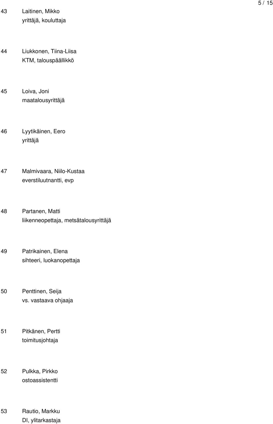 Matti liikenneopettaja, metsätalousyrittäjä 49 Patrikainen, Elena sihteeri, luokanopettaja 50 Penttinen, Seija vs.