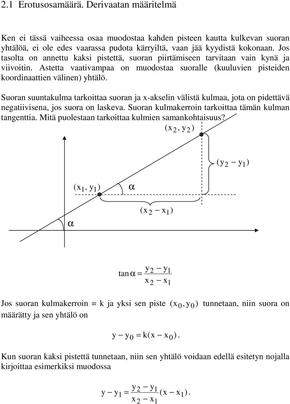 Suoran suuntakulma tarkoittaa suoran ja x-akselin välistä kulmaa, jota on pidettävä negatiivisena, jos suora on laskeva. Suoran kulmakerroin tarkoittaa tämän kulman tangenttia.