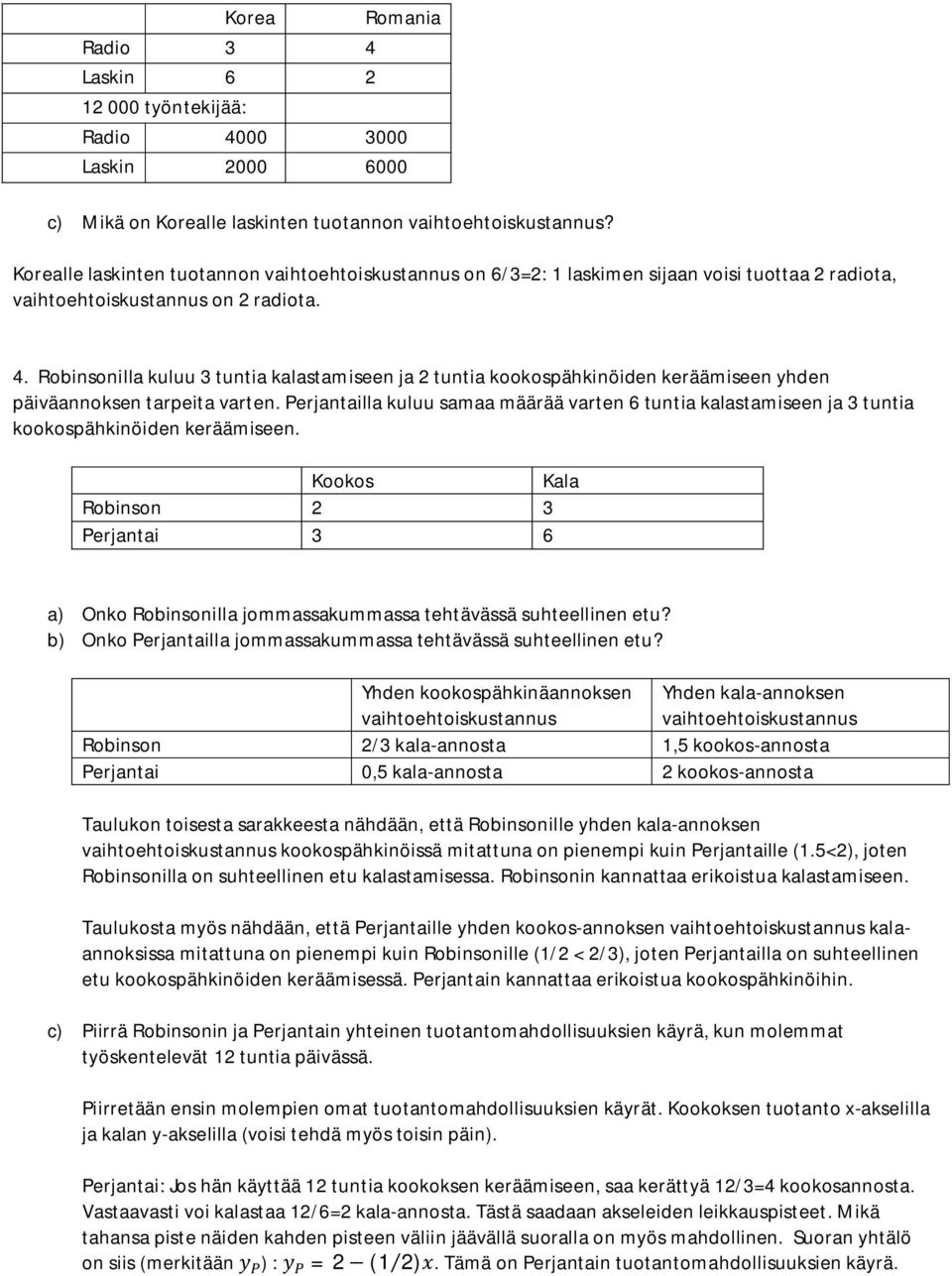 Robinsonilla kuluu 3 tuntia kalastamiseen ja 2 tuntia kookospähkinöiden keräämiseen yhden päiväannoksen tarpeita varten.