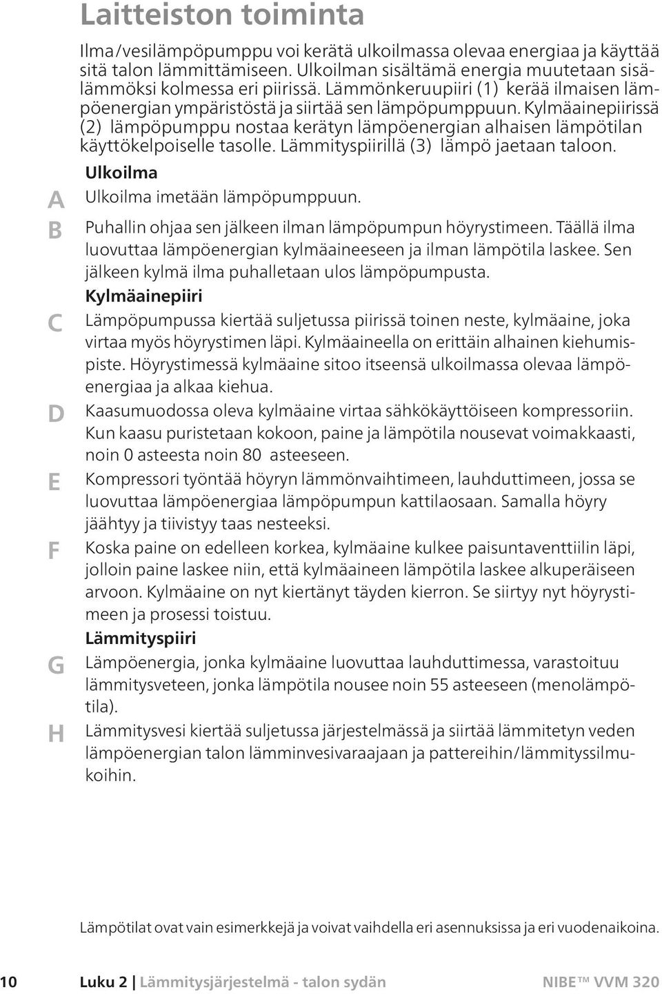 Kylmäainepiirissä (2) lämpöpumppu nostaa kerätyn lämpöenergian alhaisen lämpötilan käyttökelpoiselle tasolle. Lämmityspiirillä (3) lämpö jaetaan taloon. Ulkoilma Ulkoilma imetään lämpöpumppuun.