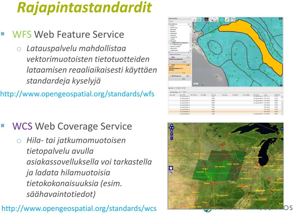 org/standards/wfs WCS Web Coverage Service o Hila- tai jatkumomuotoisen tietopalvelu avulla