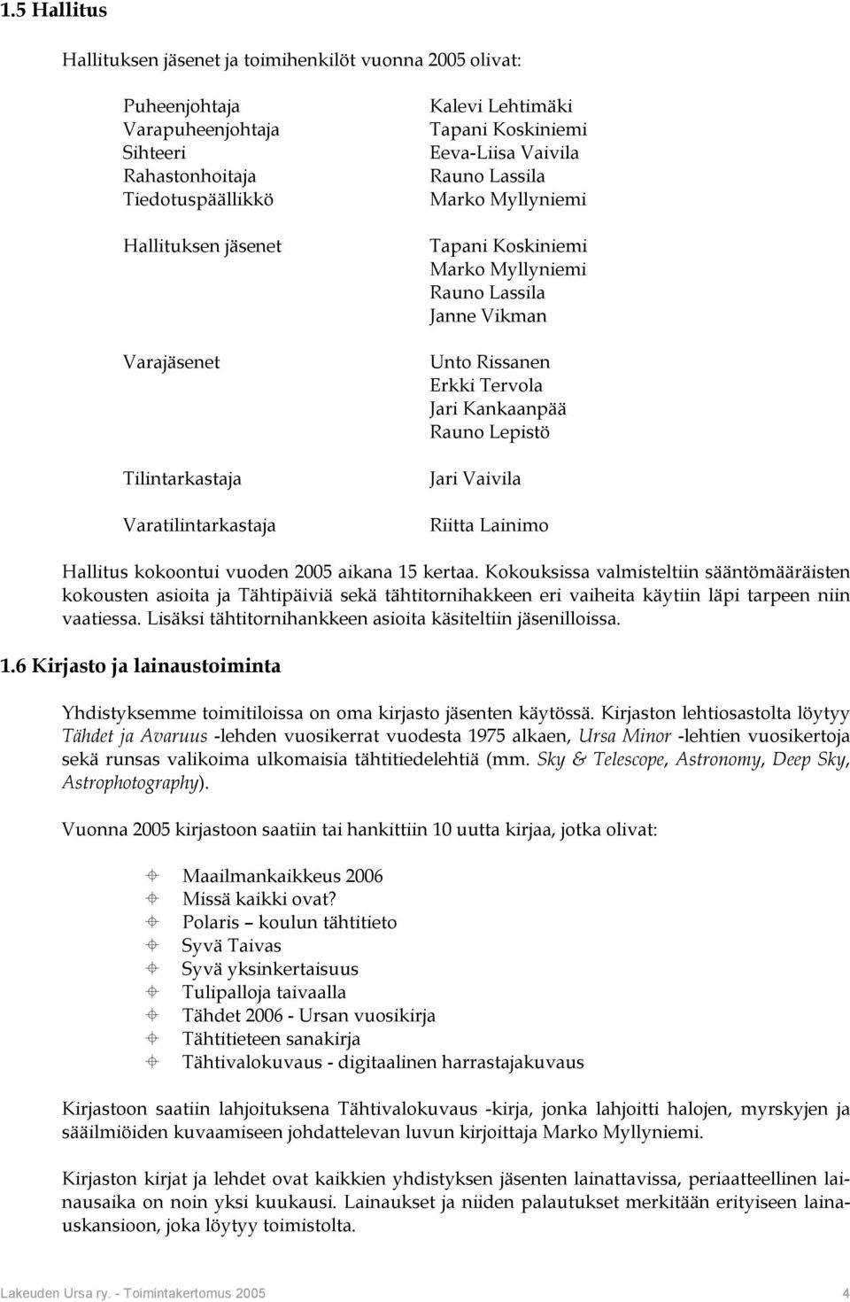 Kankaanpää Rauno Lepistö Jari Vaivila Riitta Lainimo Hallitus kokoontui vuoden 2005 aikana 15 kertaa.