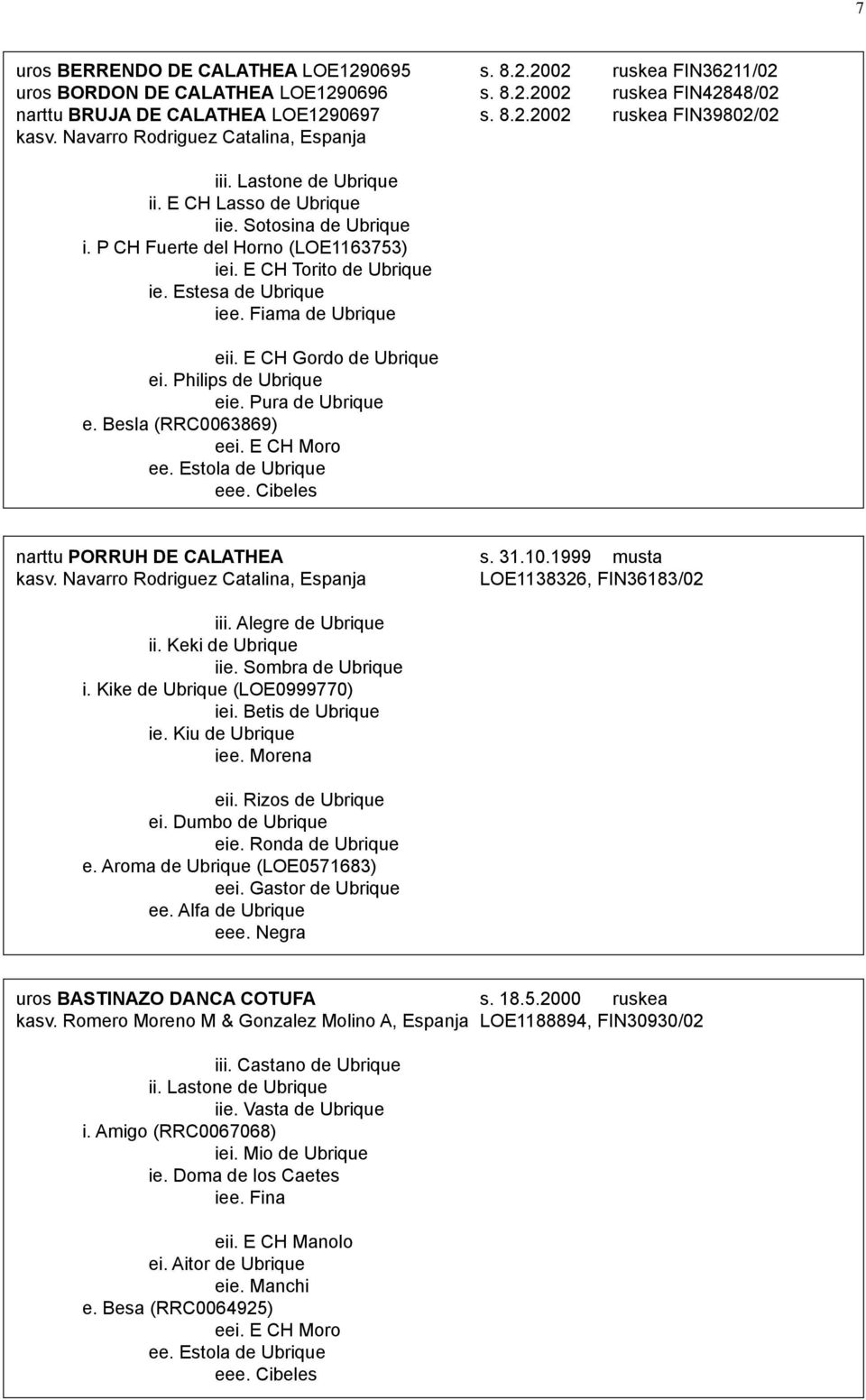 Estesa de Ubrique iee. Fiama de Ubrique eii. E CH Gordo de Ubrique ei. Philips de Ubrique eie. Pura de Ubrique e. Besla (RRC0063869) eei. E CH Moro ee. Estola de Ubrique eee.