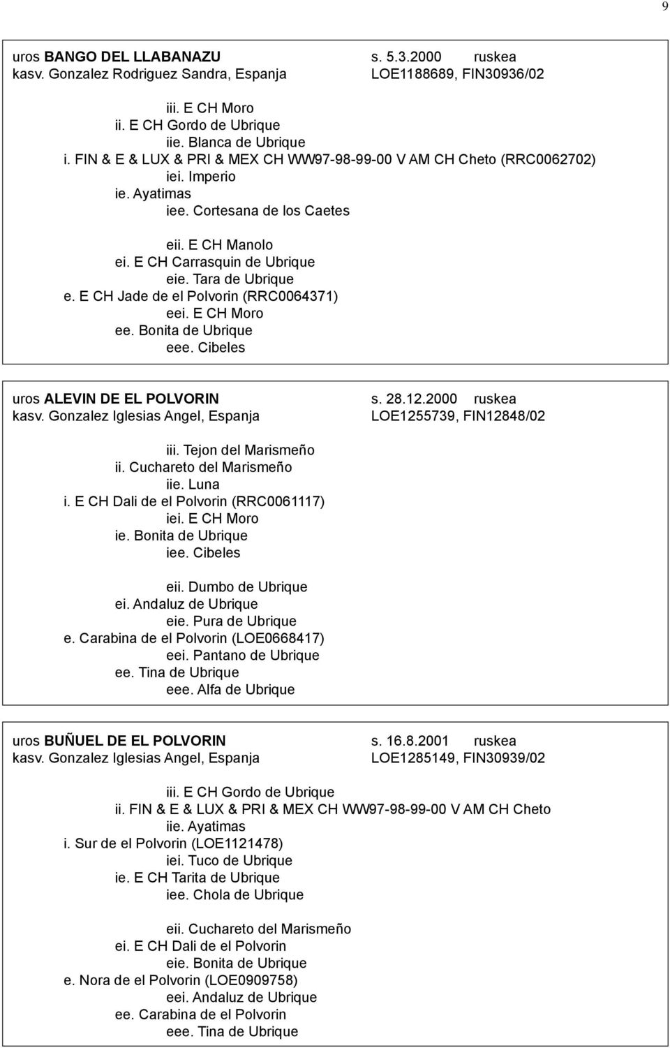 E CH Jade de el Polvorin (RRC0064371) eei. E CH Moro ee. Bonita de Ubrique eee. Cibeles uros ALEVIN DE EL POLVORIN s. 28.12.2000 ruskea kasv.