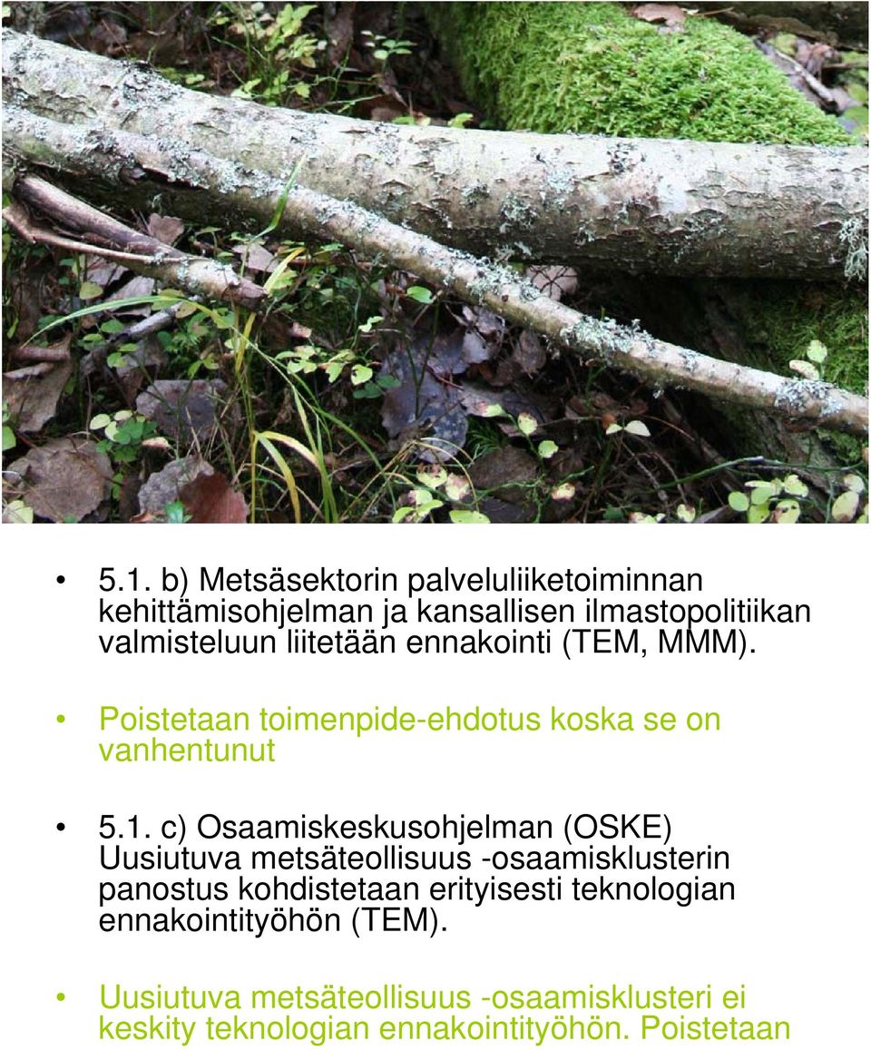 c) Osaamiskeskusohjelman (OSKE) Uusiutuva metsäteollisuus -osaamisklusterin panostus kohdistetaan erityisesti