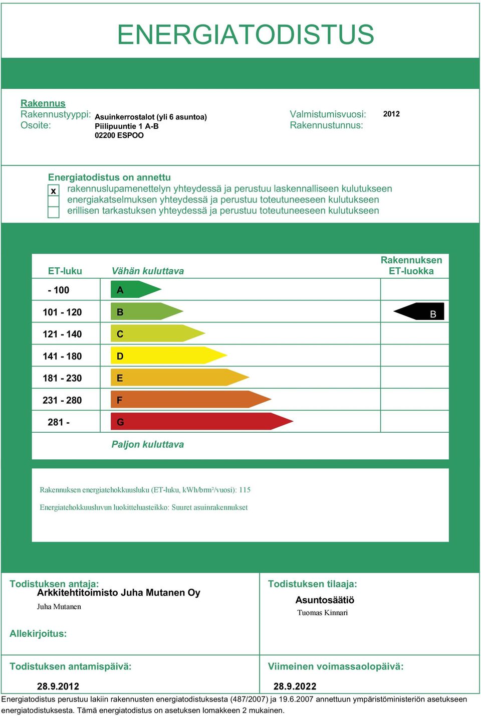 toteutuneeseen kulutukseen ET-luku - 100 101-120 121-140 141-180 181-230 231-280 281 - Vähän kuluttava A B C D E F G Paljon kuluttava Rakennuksen ET-luokka B Rakennuksen energiatehokkuusluku