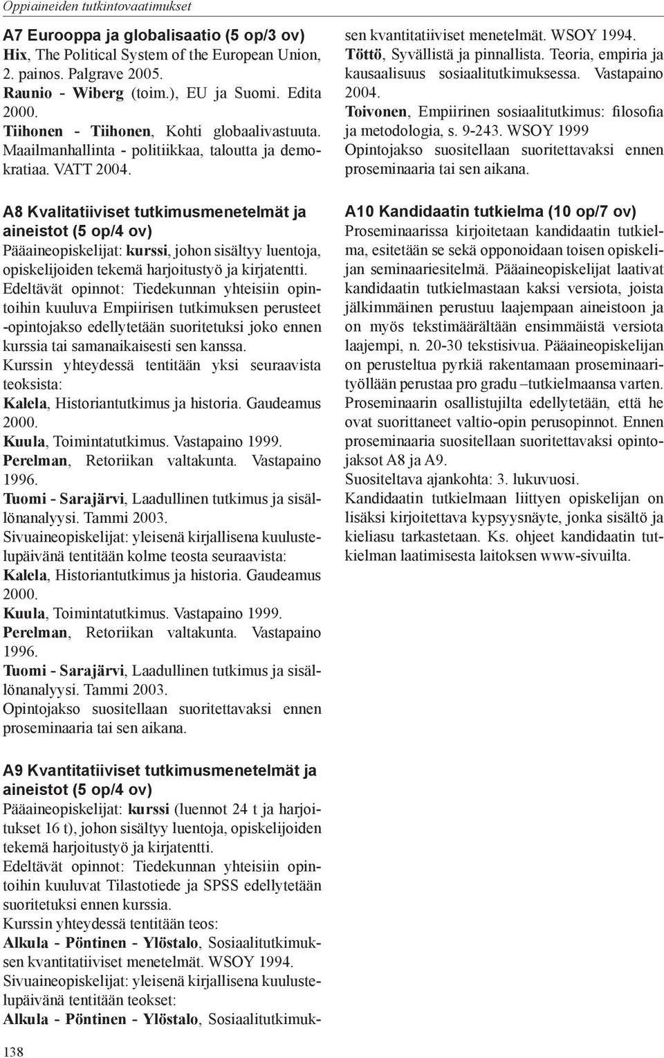 A8 Kvalitatiiviset tutkimusmenetelmät ja aineistot (5 op/4 ov) Pääaineopiskelijat: kurssi, johon sisältyy luentoja, opiskelijoiden tekemä harjoitustyö ja kirjatentti.