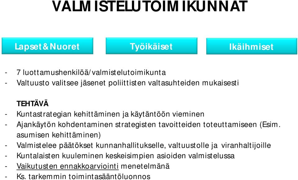 VALMISTELURYHMÄT Ajankäytön kohdentaminen strategisten tavoitteiden toteuttamiseen (Esim.