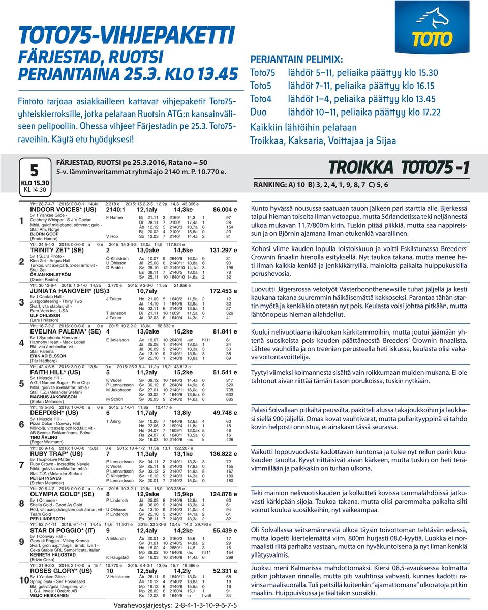 Kaikkiin lähtöihin pelataan Troikkaa, Kaksaria, Voittajaa ja Sijaa KLO.0 KL.0 FÄRJESTAD, RUOTSI pe..0, Ratano = 0 -v. lämminveritammat ryhmäajo 0 m. P. 0.0 e.