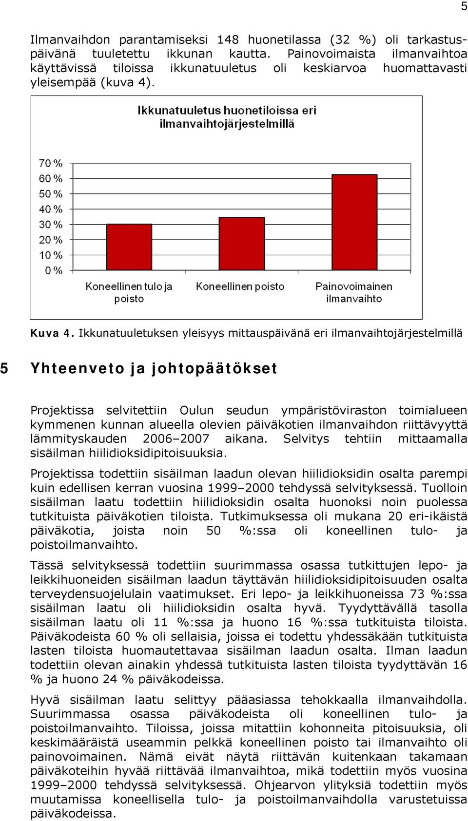 Ikkunatuuletuksen yleisyys mittauspäivänä eri ilmanvaihtojärjestelmillä 5 Yhteenveto ja johtopäätökset Projektissa selvitettiin Oulun seudun ympäristöviraston toimialueen kymmenen kunnan alueella