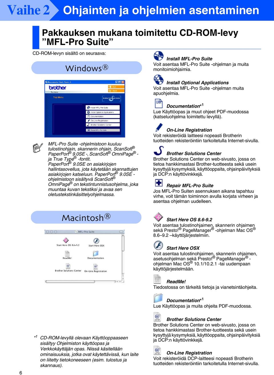MFL-Pro Suite -ohjelmistoon kuuluu tulostinohjain, skannerin ohjain, ScanSoft PaperPort 9.0SE -, ScanSoft OmniPage - ja True Type -fontit. PaperPort 9.0SE on asiakirjojen hallintasovellus, jota käytetään skannattujen asiakirjojen katseluun.
