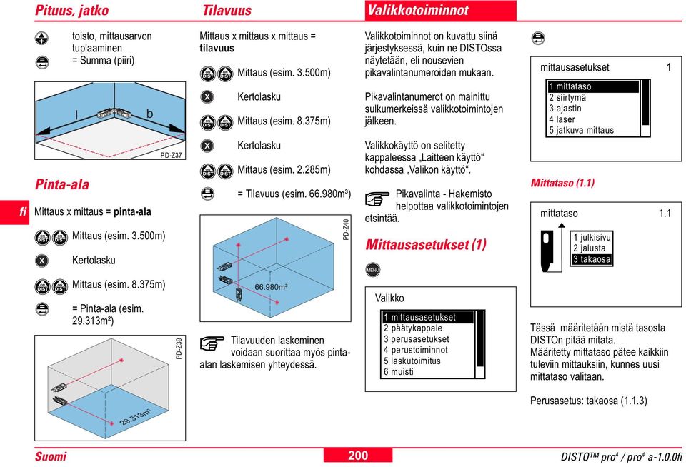 980m³) PD-Z40 Valikkotoiminnot on kuvattu siinä järjestyksessä, kuin ne DISTOssa näytetään, eli nousevien pikavalintanumeroiden mukaan.