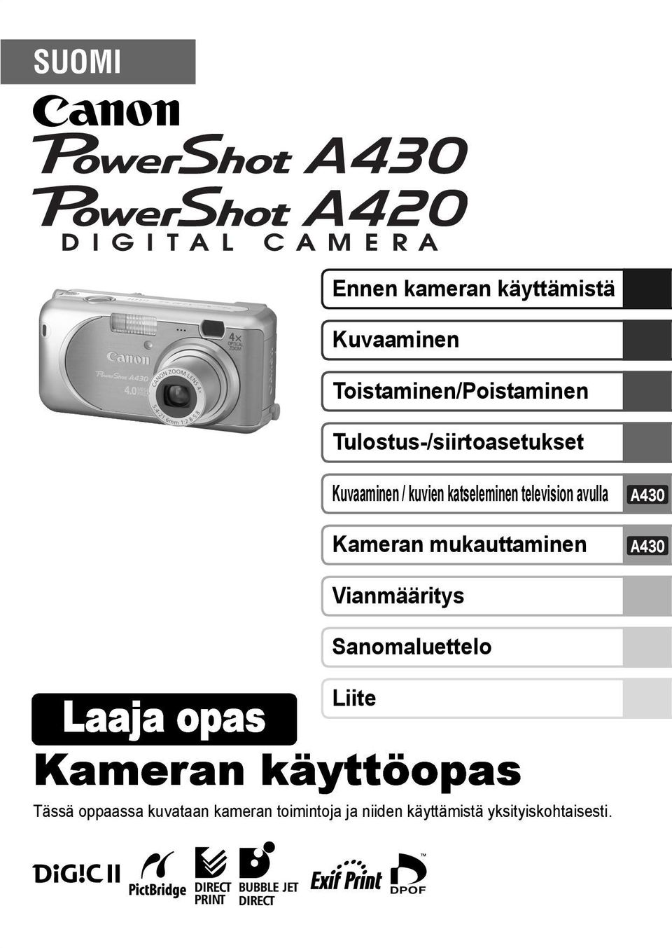 Kameran mukauttaminen Vianmääritys Sanomaluettelo Liite Laaja opas Kameran