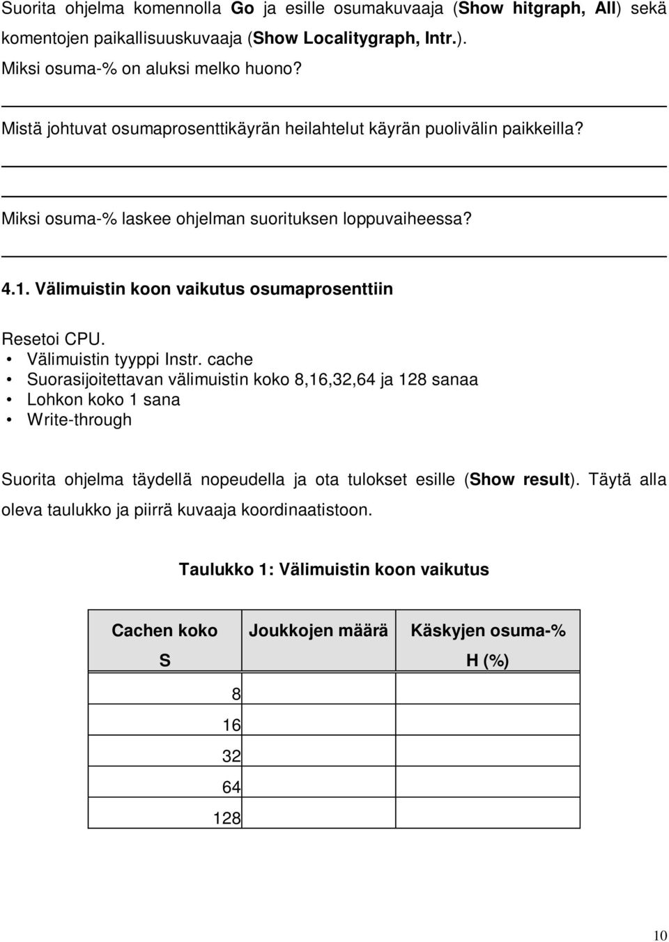 Välimuistin koon vaikutus osumaprosenttiin Resetoi CPU. Välimuistin tyyppi Instr.