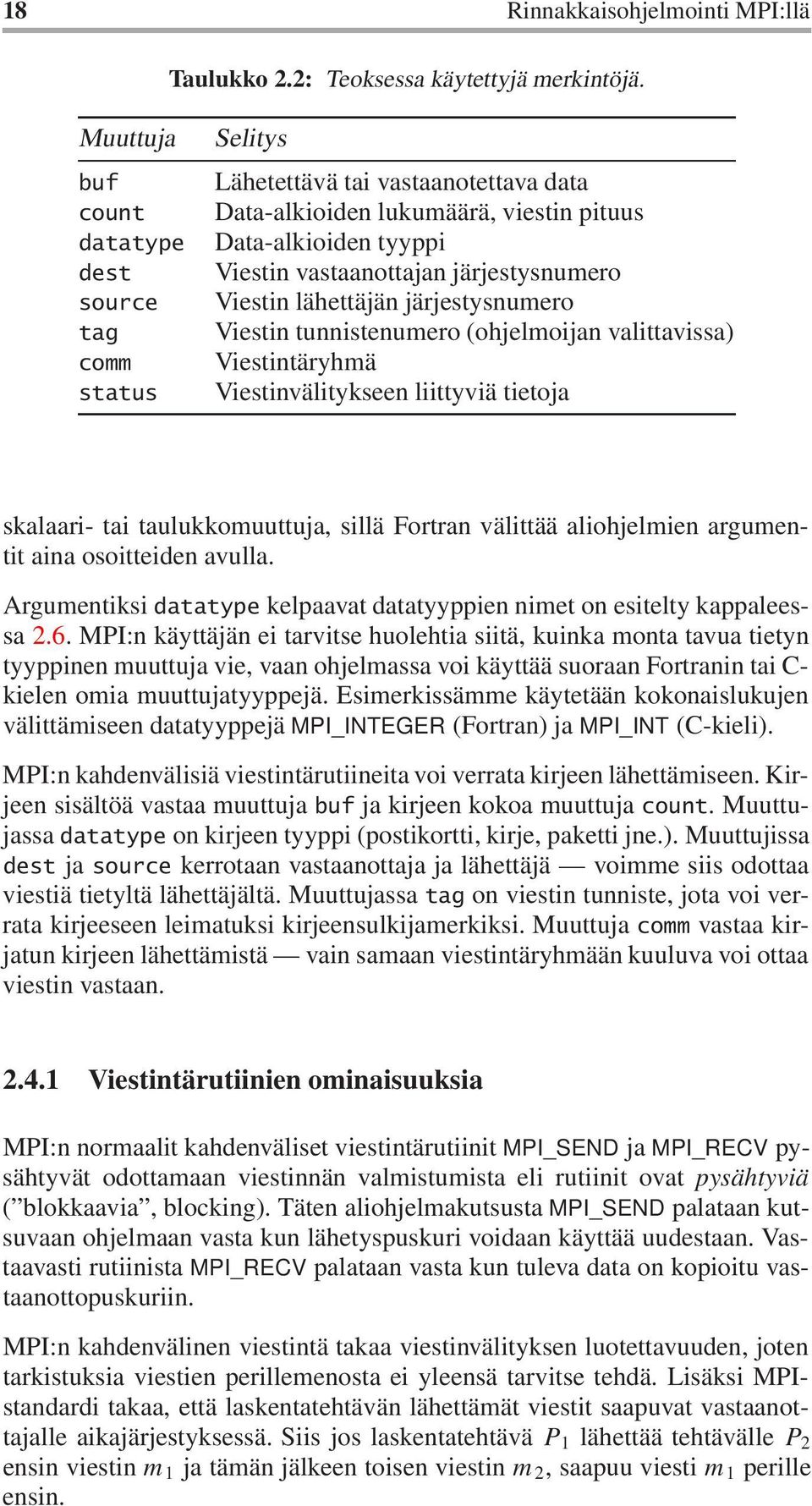 järjestysnumero Viestin lähettäjän järjestysnumero Viestin tunnistenumero (ohjelmoijan valittavissa) Viestintäryhmä Viestinvälitykseen liittyviä tietoja skalaari- tai taulukkomuuttuja, sillä Fortran