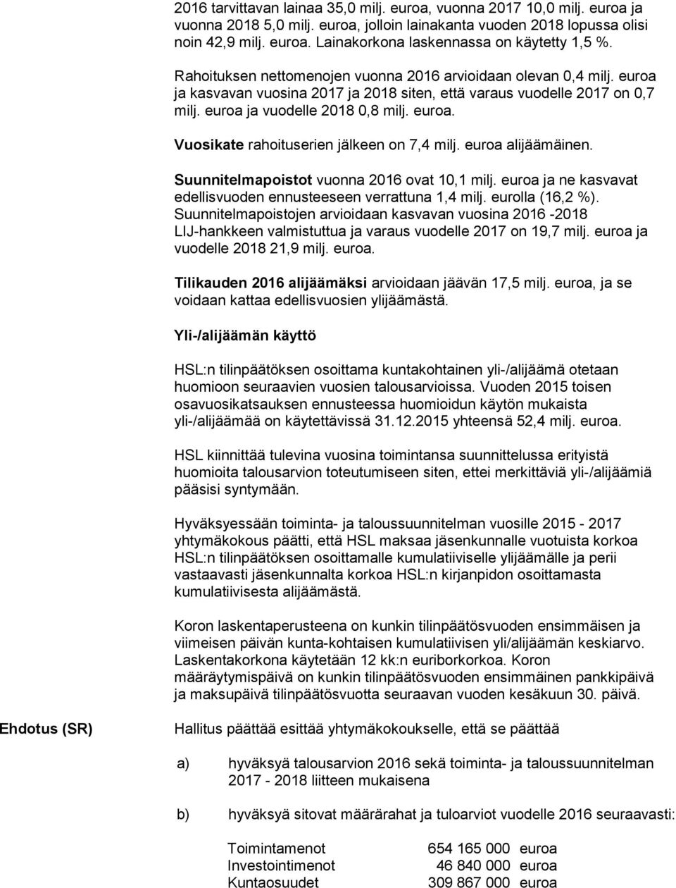 euroa alijäämäinen. Suunnitelmapoistot vuonna 2016 ovat 10,1 milj. euroa ja ne kasvavat edellisvuoden ennusteeseen verrattuna 1,4 milj. eurolla (16,2 %).