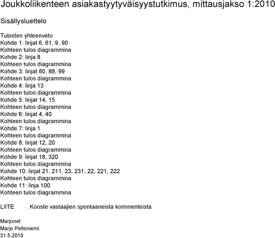 Kohteen tulos diagrammina Kohde 7: linja 1 Kohteen tulos diagrammina Kohde 8: linjat 12, 20 Kohteen tulos diagrammina Kohde 9: linjat 18, 320 Kohteen tulos diagrammina Kohde 10: linjat