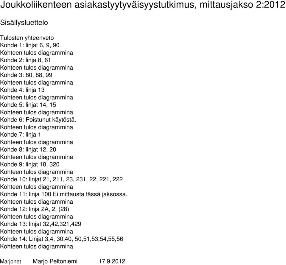 Kohteen tulos diagrammina Kohde 7: linja 1 Kohteen tulos diagrammina Kohde 8: linjat 12, 20 Kohteen tulos diagrammina Kohde 9: linjat 18, 320 Kohteen tulos diagrammina Kohde 10: linjat 21, 211, 23,