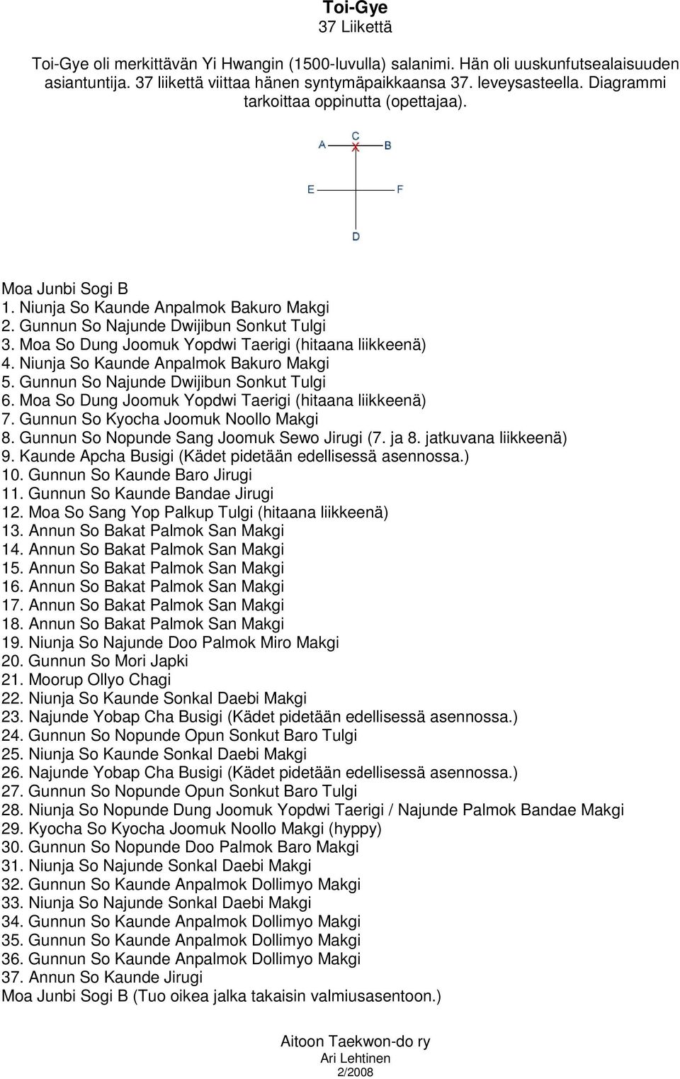 Moa So Dung Joomuk Yopdwi Taerigi (hitaana liikkeenä) 4. Niunja So Kaunde Anpalmok Bakuro Makgi 5. Gunnun So Najunde Dwijibun Sonkut Tulgi 6. Moa So Dung Joomuk Yopdwi Taerigi (hitaana liikkeenä) 7.