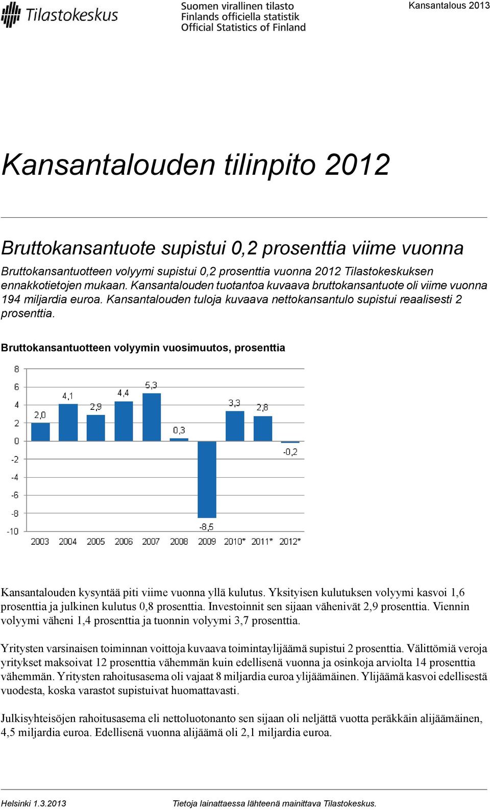 Bruttokansantuotteen volyymin vuosimuutos, prosenttia Kansantalouden kysyntää piti viime vuonna yllä kulutus. Yksityisen kulutuksen volyymi kasvoi 1,6 prosenttia ja julkinen kulutus 0,8 prosenttia.