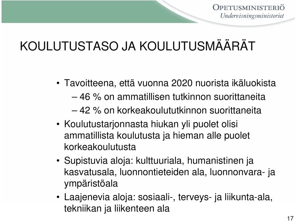 koulutusta ja hieman alle puolet korkeakoulutusta Supistuvia aloja: kulttuuriala, humanistinen ja kasvatusala,