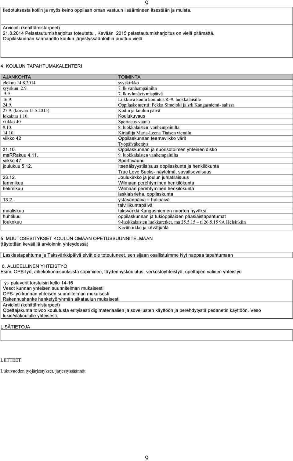 KOULUN TAPAHTUMAKALENTERI AJANKOHTA TOIMINTA elokuu 14.8.2014 syyskirkko syyskuu 2.9. 7. lk vnhempinilt 5.9. 7. lk ryhmäytymispäivä 16.9. Liikkuv koulu koulutus 8.-9. luokklisille 24.9. Oppilskonsertti: Pekk Simojoki j srk Kngsniemi- sliss 27.