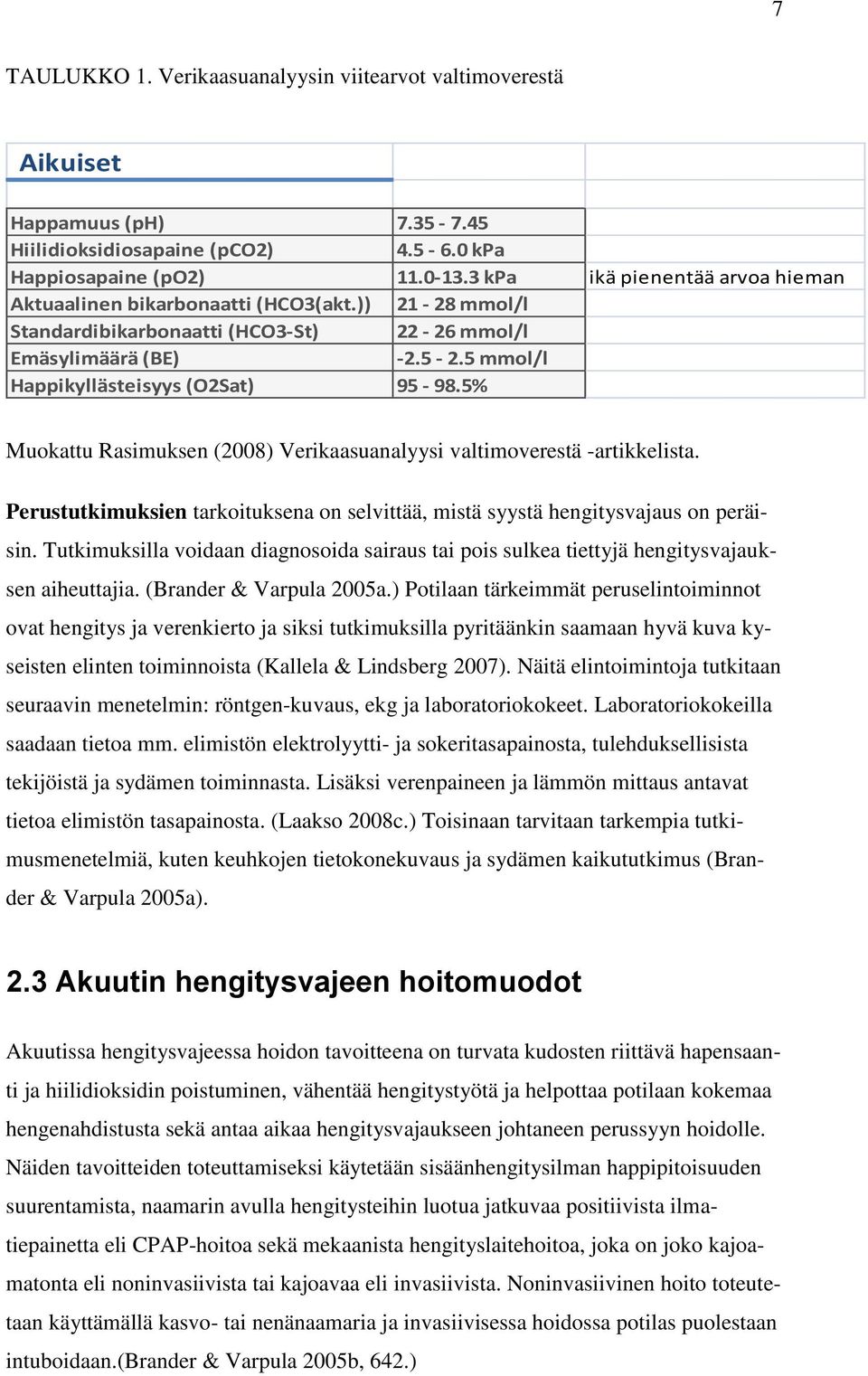 5% Muokattu Rasimuksen (2008) Verikaasuanalyysi valtimoverestä -artikkelista. Perustutkimuksien tarkoituksena on selvittää, mistä syystä hengitysvajaus on peräisin.
