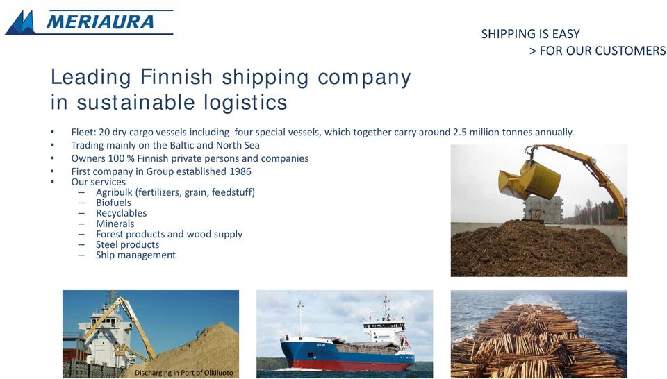 Trading mainly on the Baltic and North Sea Owners 100 % Finnish private persons and companies First company in Group established