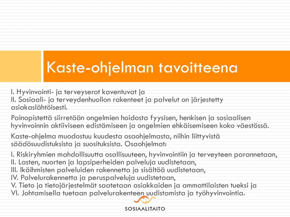 Kaste-ohjelma muodostuu kuudesta osaohjelmasta, niihin liittyvistä säädösuudistuksista ja suosituksista. Osaohjelmat: I.