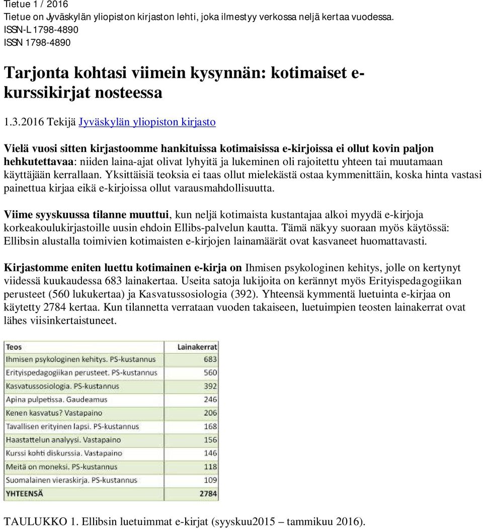 2016 Tekijä Jyväskylän yliopiston kirjasto Vielä vuosi sitten kirjastoomme hankituissa kotimaisissa e-kirjoissa ei ollut kovin paljon hehkutettavaa: niiden laina-ajat olivat lyhyitä ja lukeminen oli