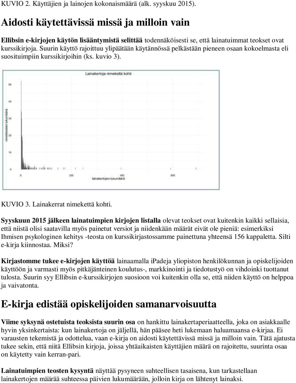 Suurin käyttö rajoittuu ylipäätään käytännössä pelkästään pieneen osaan kokoelmasta eli suosituimpiin kurssikirjoihin (ks. kuvio 3). KUVIO 3. Lainakerrat nimekettä kohti.