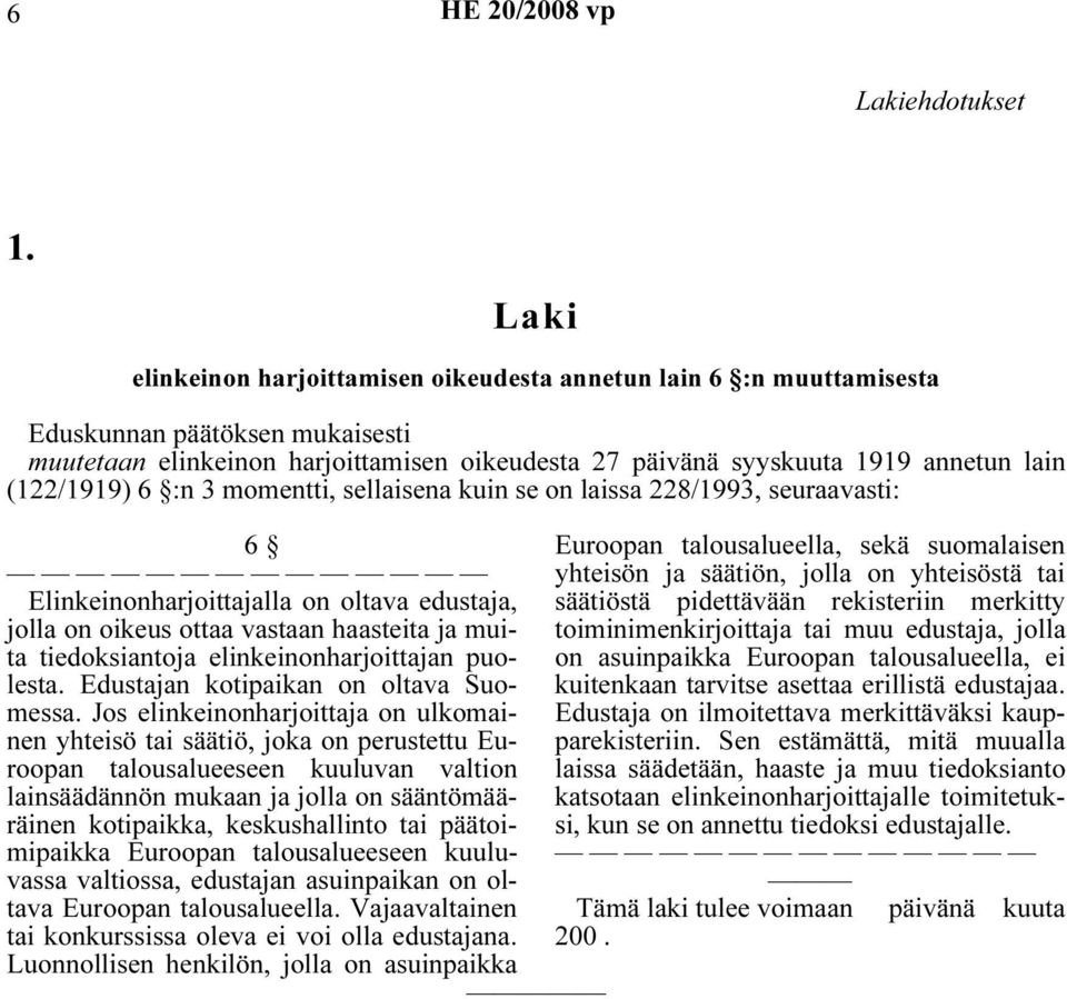 (122/1919) 6 :n 3 momentti, sellaisena kuin se on laissa 228/1993, seuraavasti: 6 Elinkeinonharjoittajalla on oltava edustaja, jolla on oikeus ottaa vastaan haasteita ja muita tiedoksiantoja