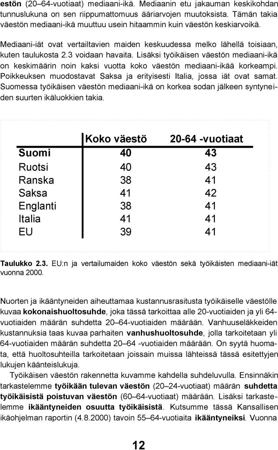 Lisäksi työikäisen väestön mediaani-ikä on keskimäärin noin kaksi vuotta koko väestön mediaani-ikää korkeampi. Poikkeuksen muodostavat Saksa ja erityisesti Italia, jossa iät ovat samat.