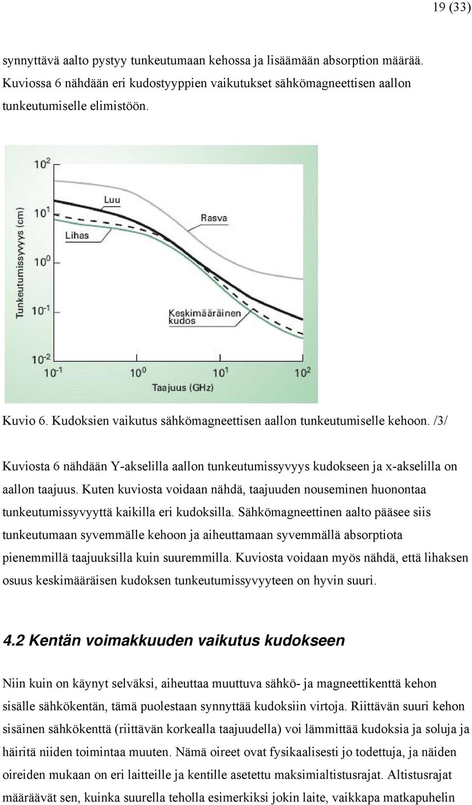 Kuten kuviosta voidaan nähdä, taajuuden nouseminen huonontaa tunkeutumissyvyyttä kaikilla eri kudoksilla.
