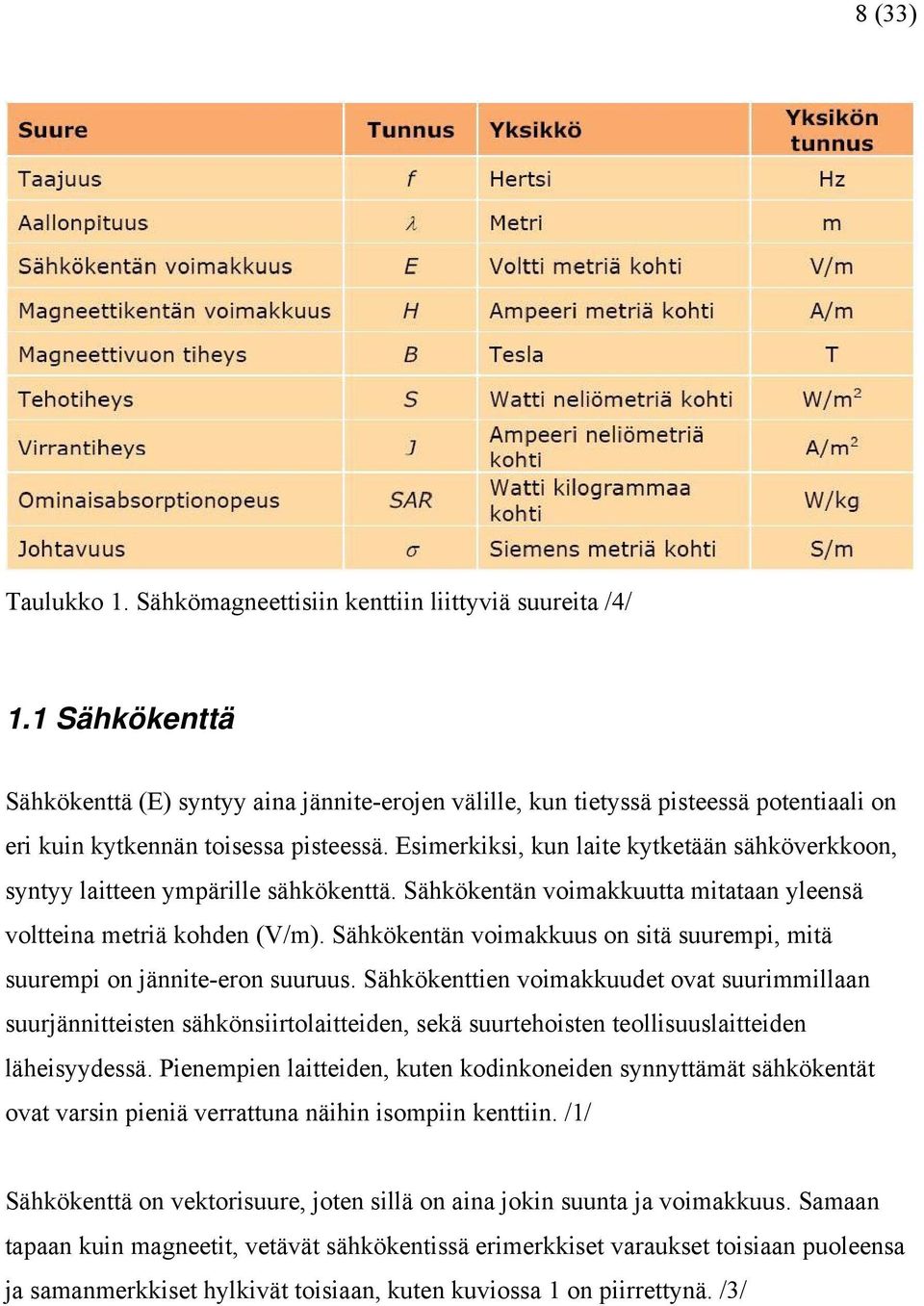 Esimerkiksi, kun laite kytketään sähköverkkoon, syntyy laitteen ympärille sähkökenttä. Sähkökentän voimakkuutta mitataan yleensä voltteina metriä kohden (V/m).