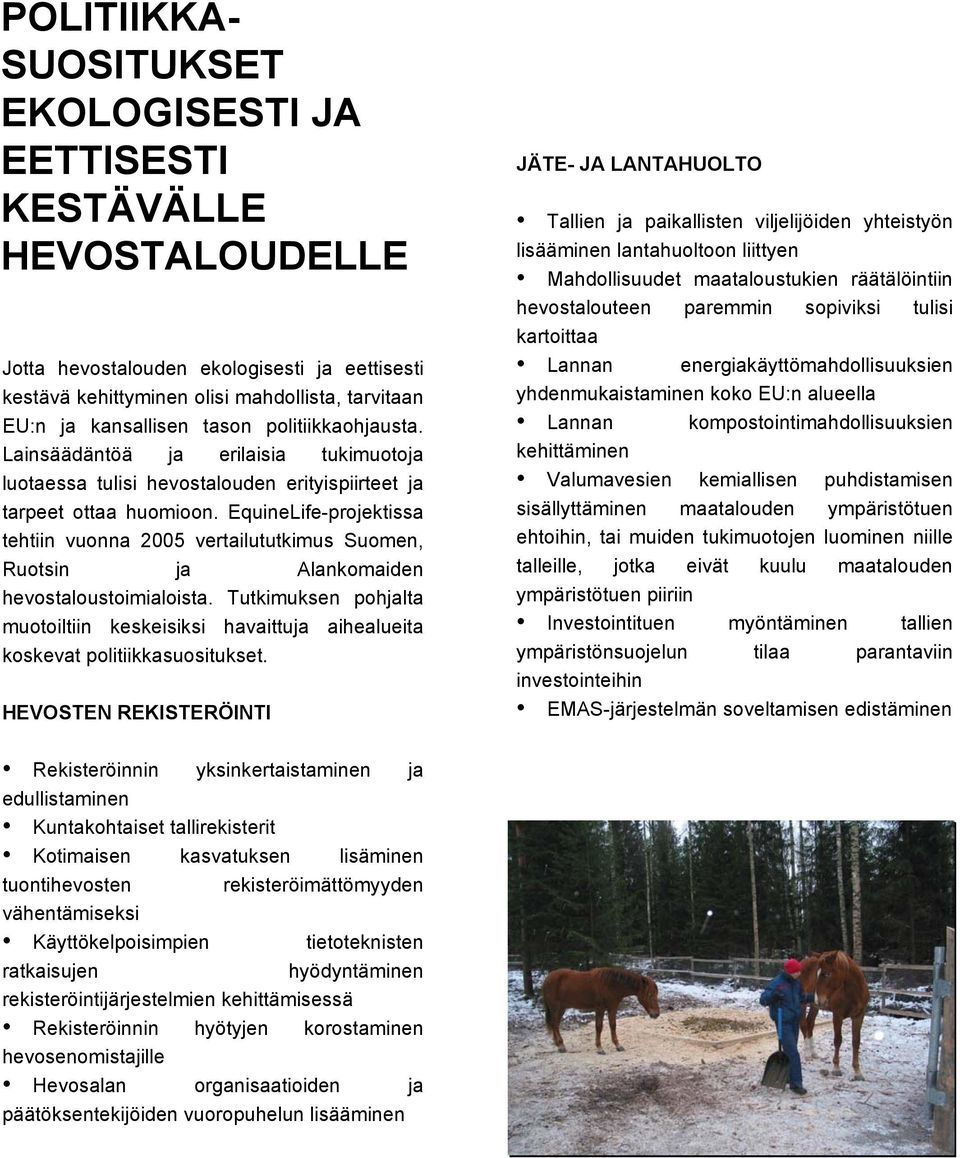 EquineLife-projektissa tehtiin vuonna 2005 vertailututkimus Suomen, Ruotsin ja Alankomaiden hevostaloustoimialoista.