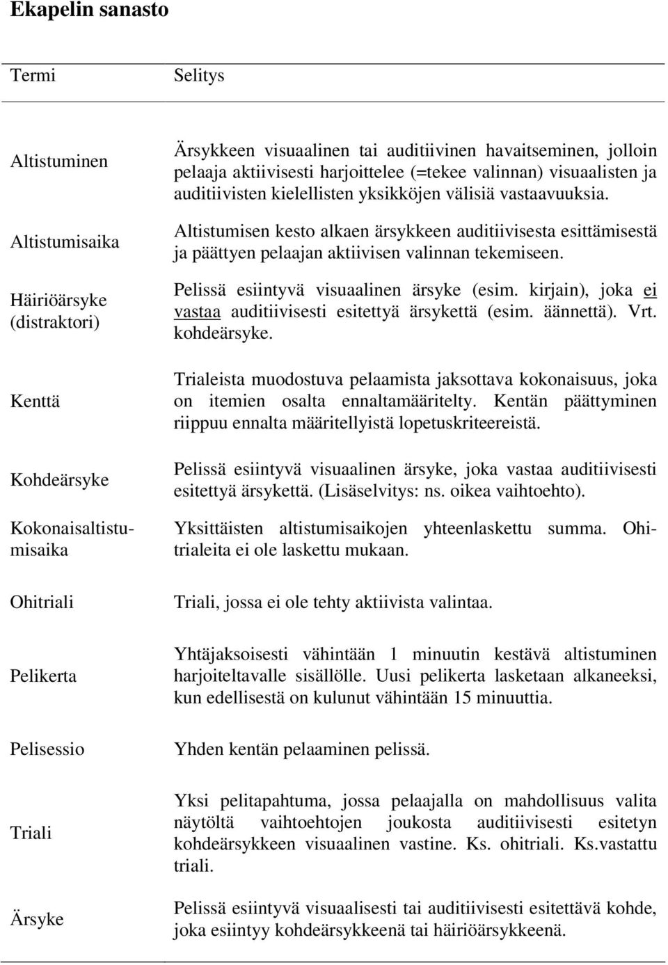 Altistumisen kesto alkaen ärsykkeen auditiivisesta esittämisestä ja päättyen pelaajan aktiivisen valinnan tekemiseen. Pelissä esiintyvä visuaalinen ärsyke (esim.